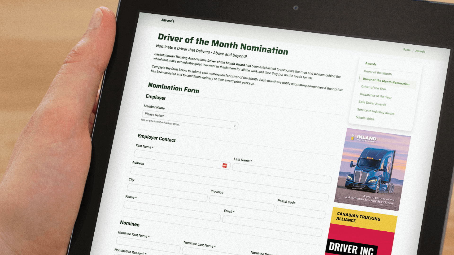 Saskatchewan Trucking Association, Web Apps, STA Driver of the Month Web App, Portfolio Image