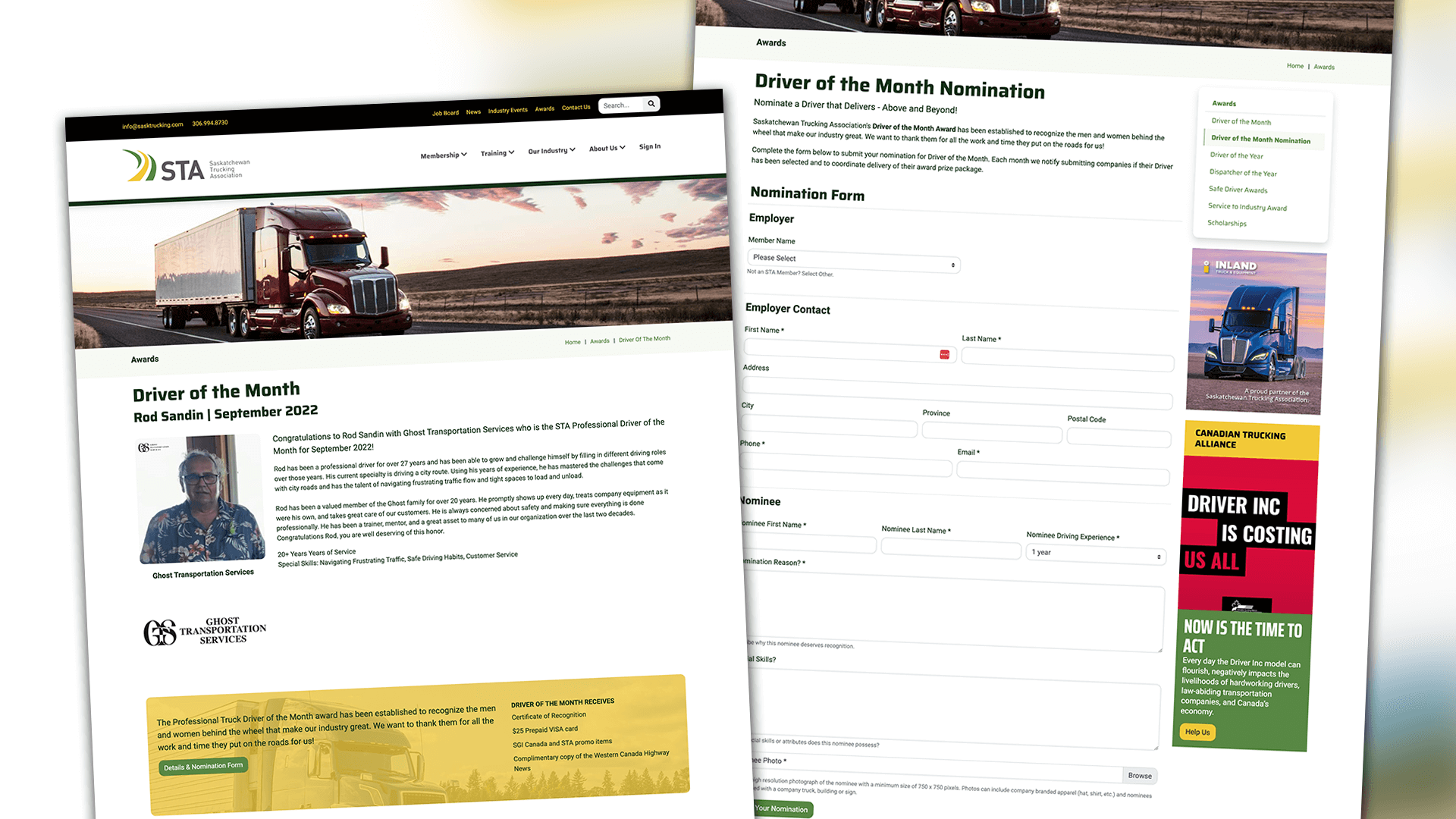 Saskatchewan Trucking Association, Web Apps, STA Driver of the Month Web App, Portfolio Image, 